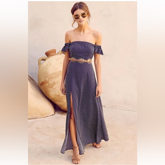 Dream Love Navy Blue Polka Dot Off-the-Shoulder Maxi Dress - Picture 5 of 6